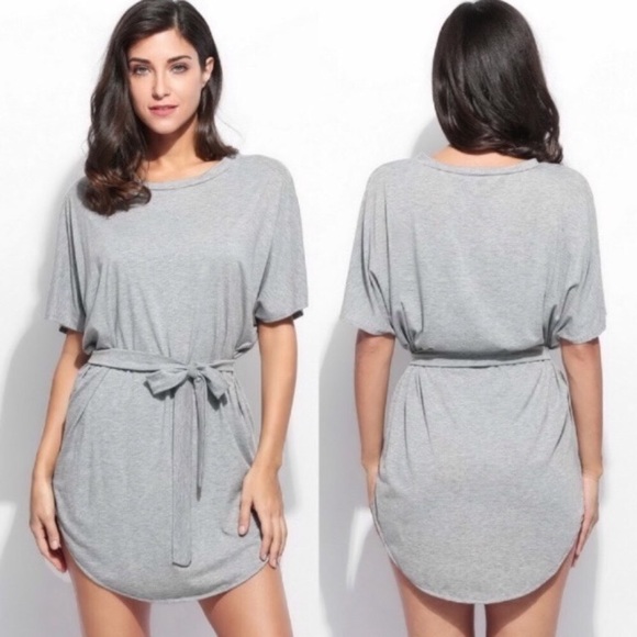 Oversized Shirttail Hem Tie Waist Shirt Dress Heather Grey - Picture 3 of 5
